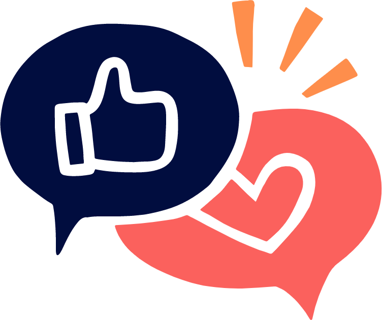 2 Sprechblasen mit Daumen nach oben und einem Herz